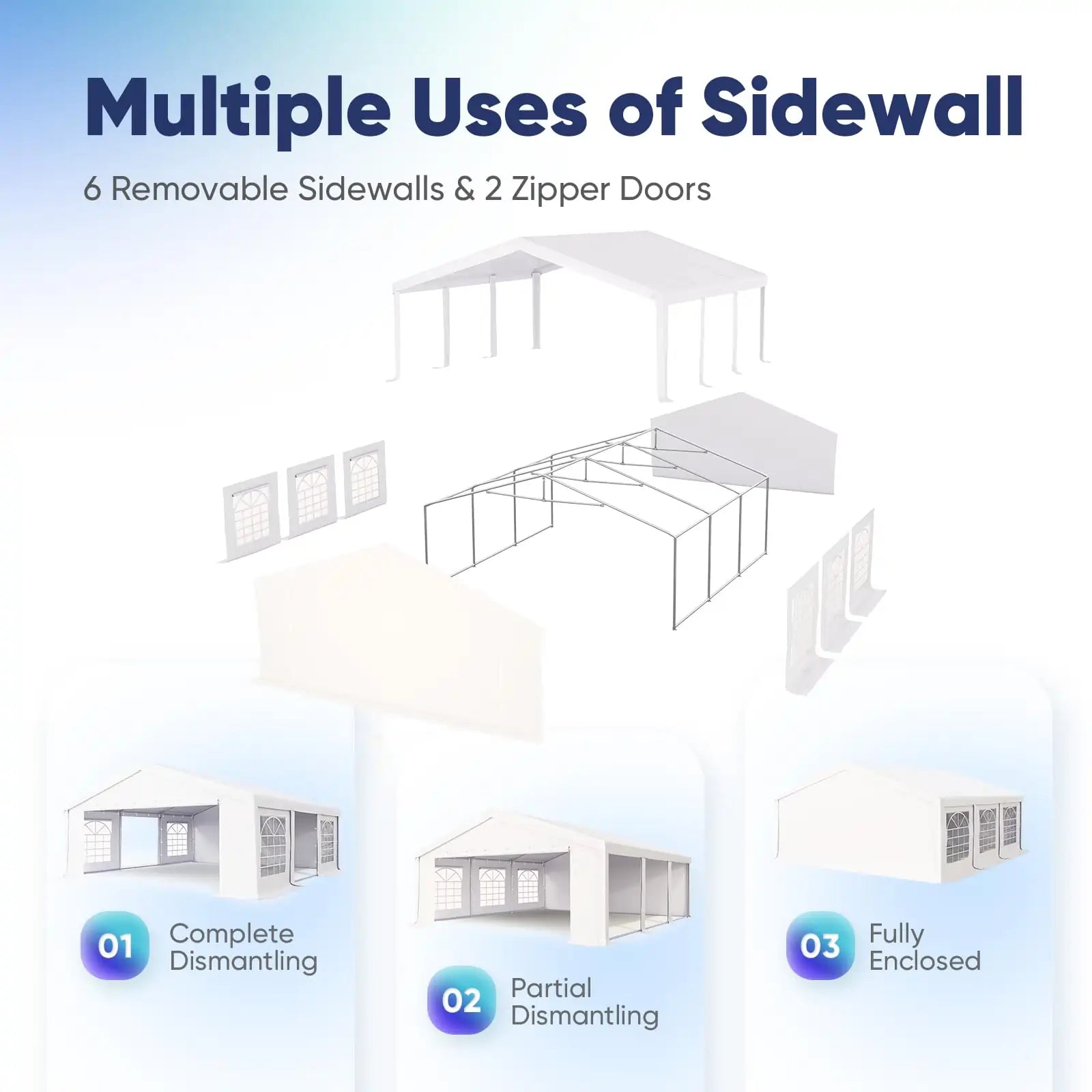 6 removable sidewalls and 2 zipper doors#size_20' x 20'