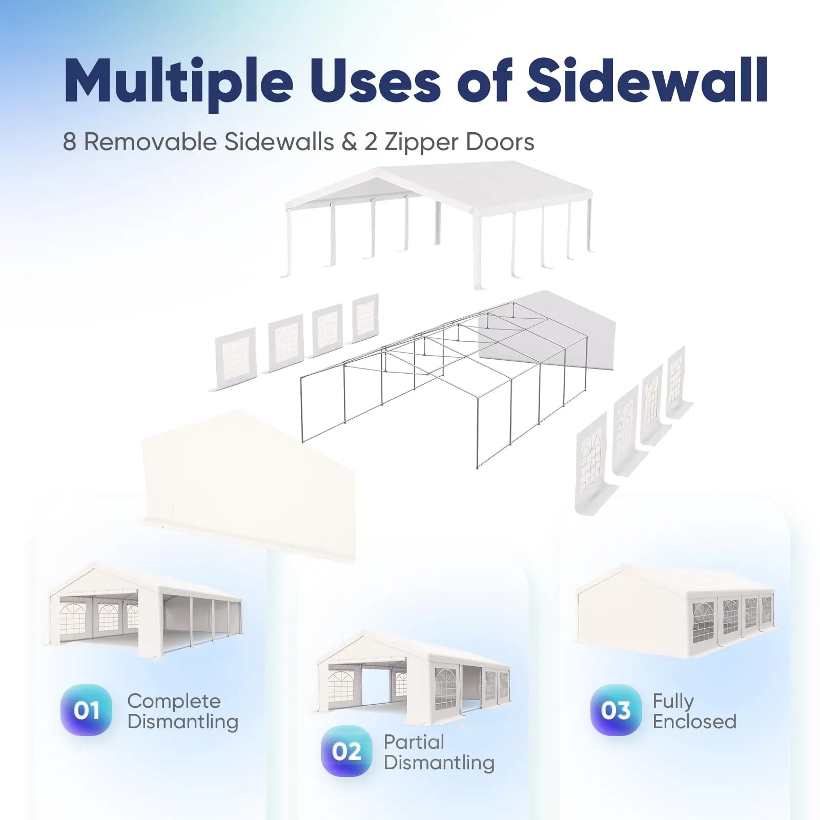 8 removable sidewalls and 2 zipper doors#size_20' x 30'