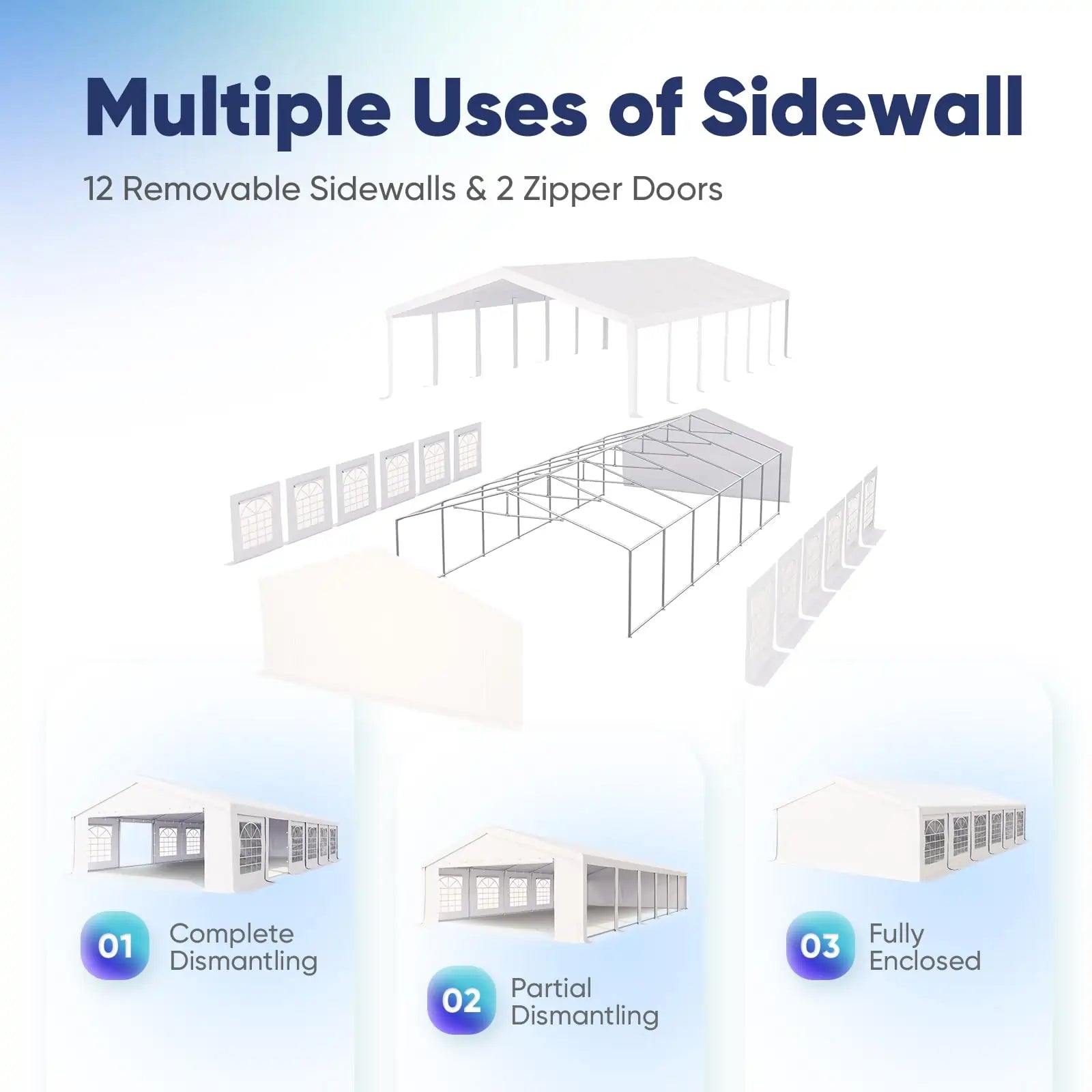 12 removable sidewalls and 2 zippered doors#size_20' x 40'