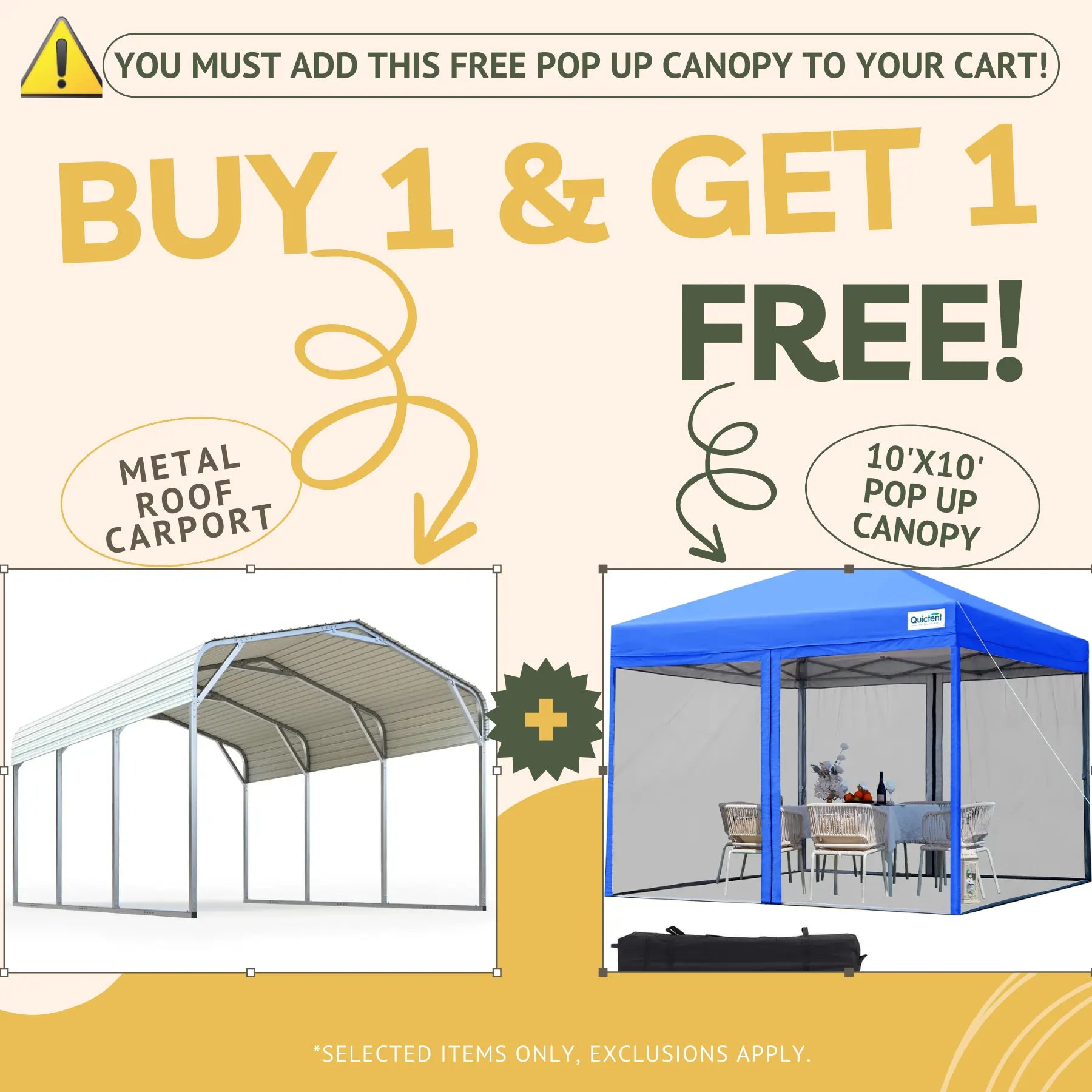 Buy One metal roof carport to get one free pop up canopy with netting