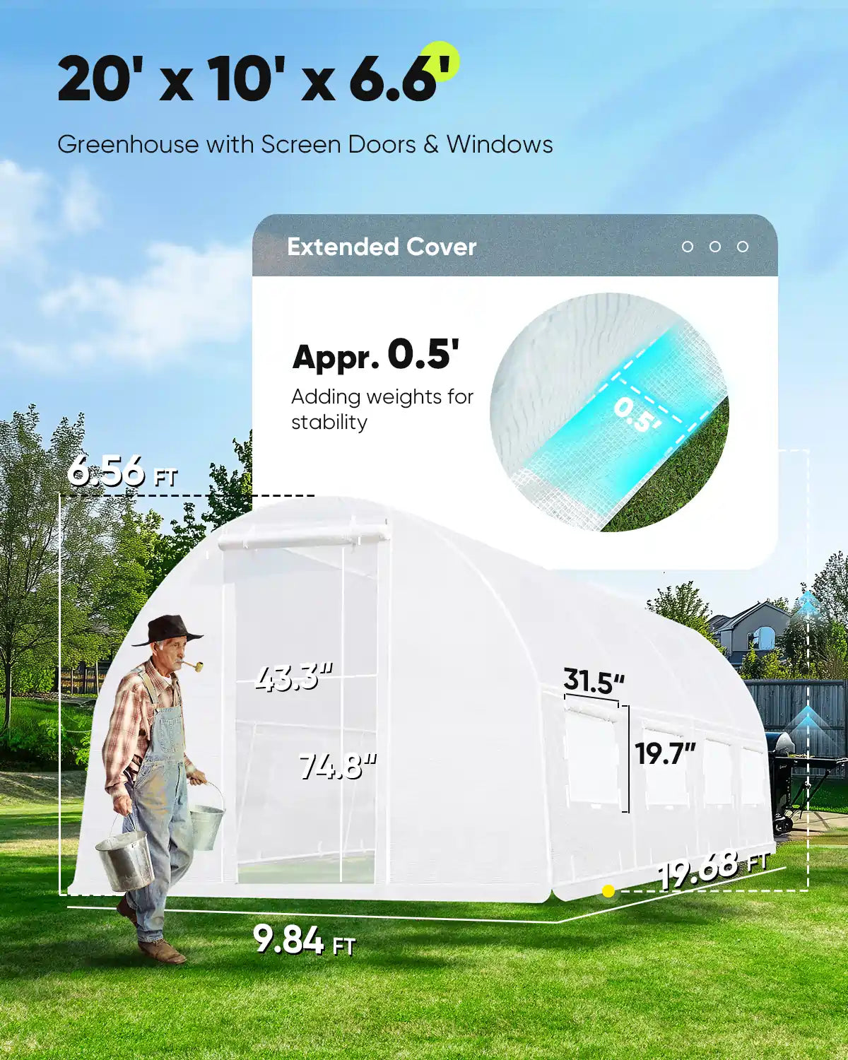 20x10x6.6FT Upgraded Greenhouse with 8 Ventilated Screen Windows & 1 Zipper Screen Door#color_white