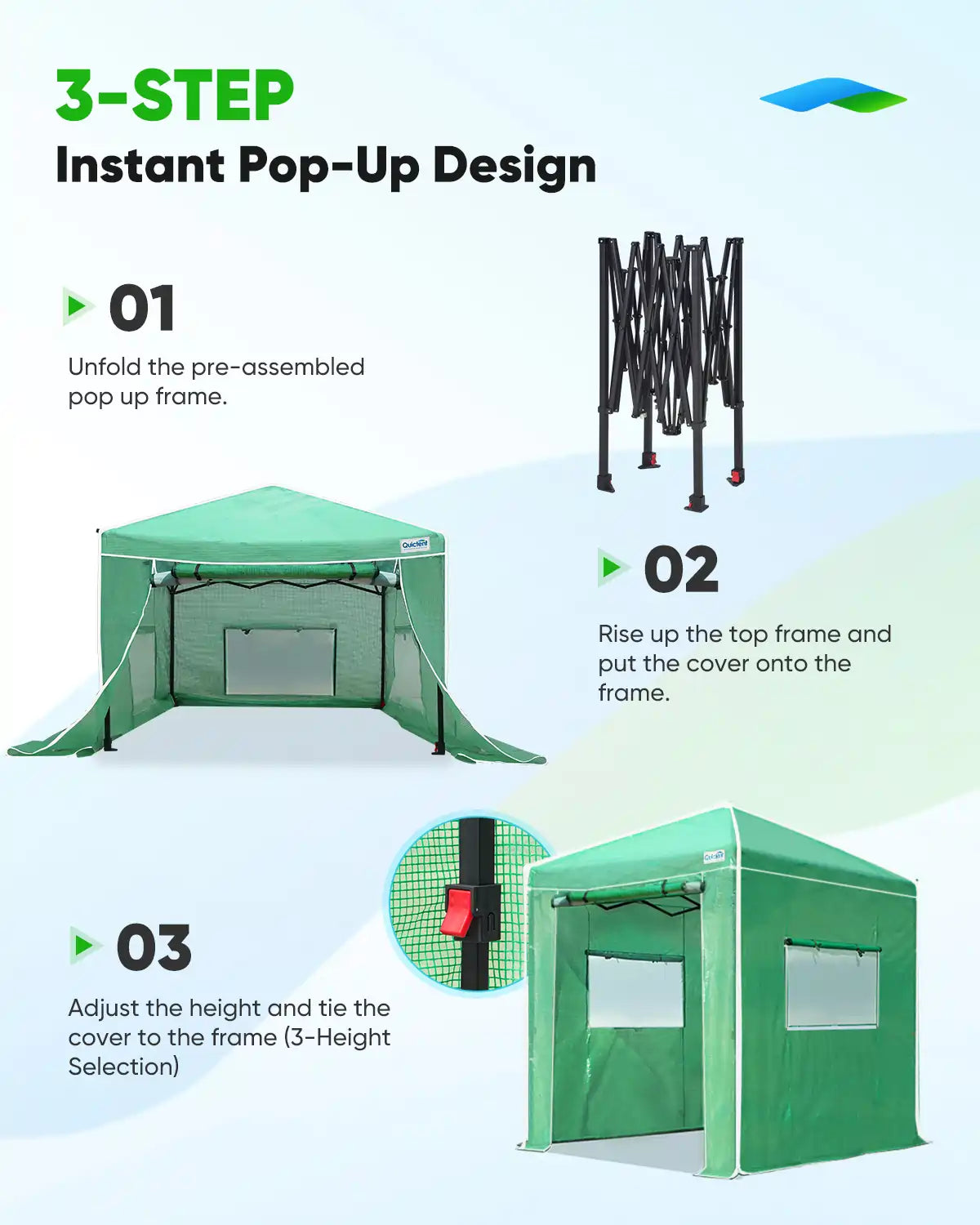 Pop-up, foldable design and sets up quick