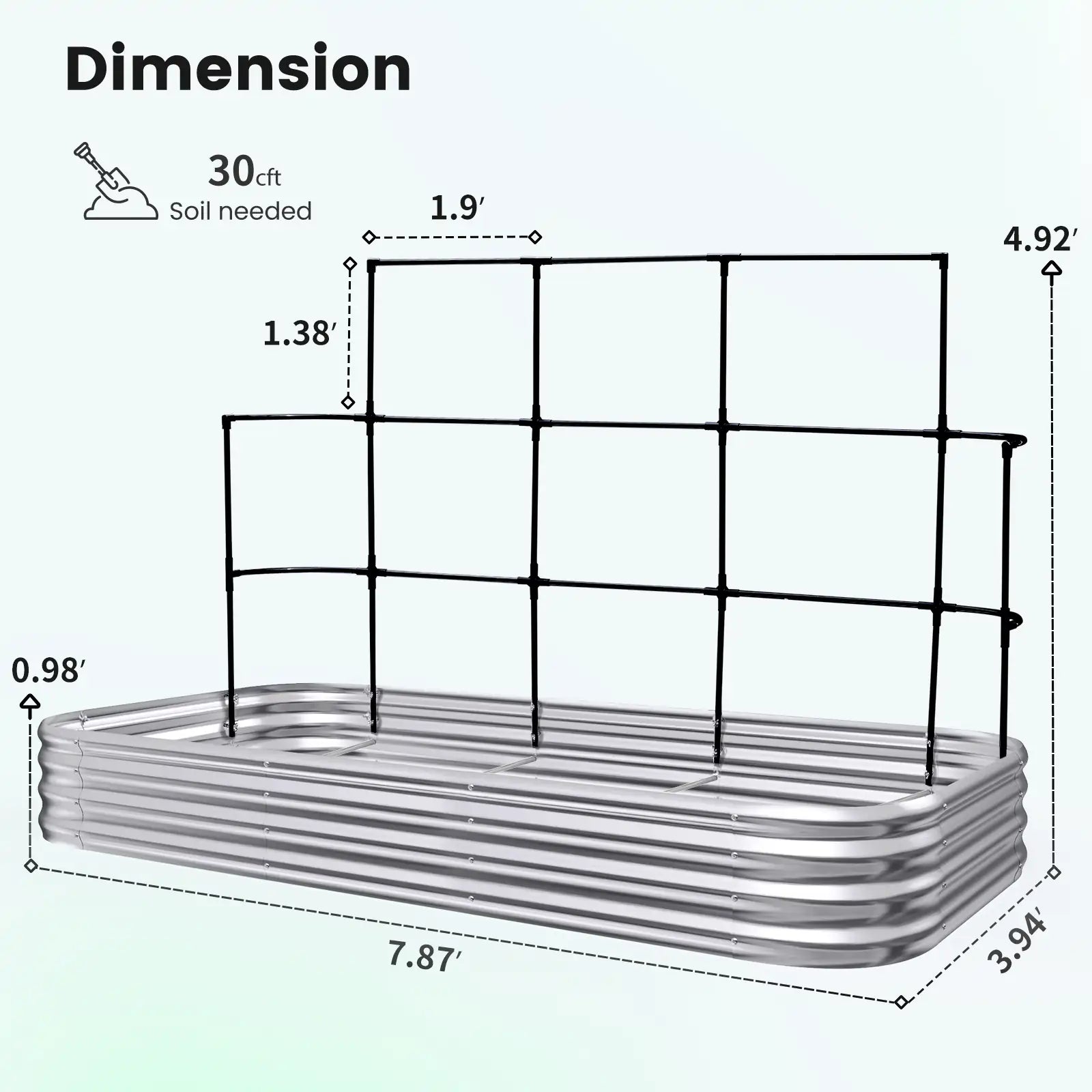 Dimensioon of Raised Garden Bed with Wall Trellis 8x4x1ft Silver#size_8x4x1ft