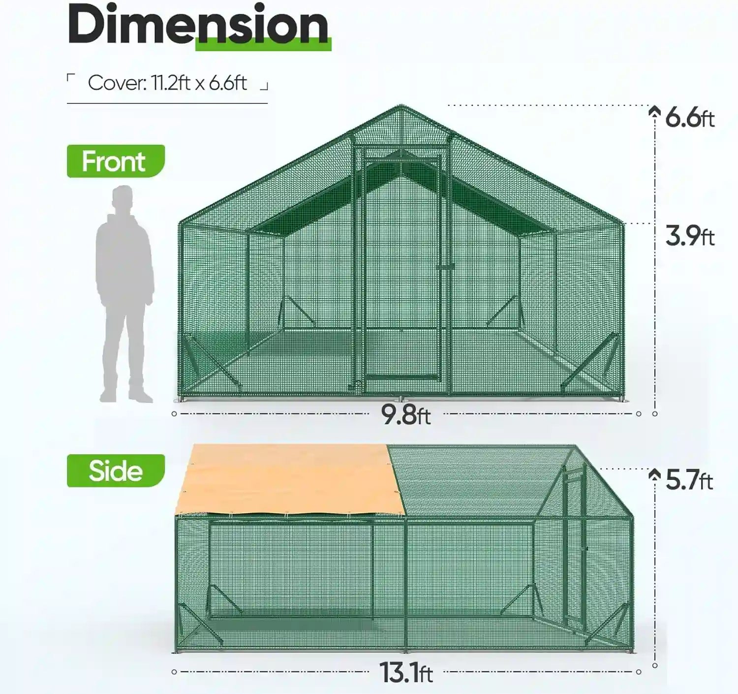 13.1x9.8x6.6FT Quictent Chicken Coop Size#size_13.1x9.8x6.6FT