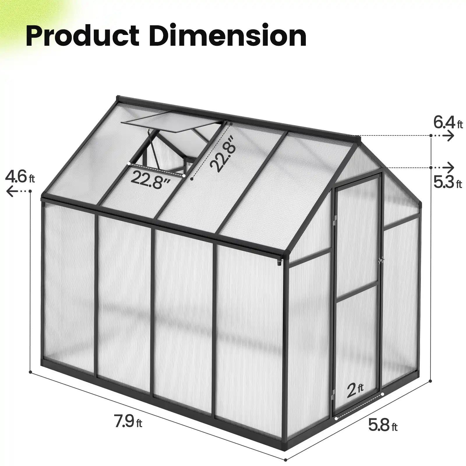 Walk-In Polycarbonate Greenhouse 6X8X6ft Dark Grey Size