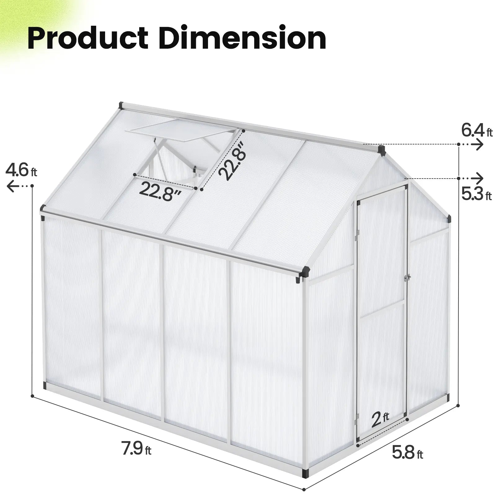 Walk-In Polycarbonate Greenhouse 6X8X6ft Silver Size