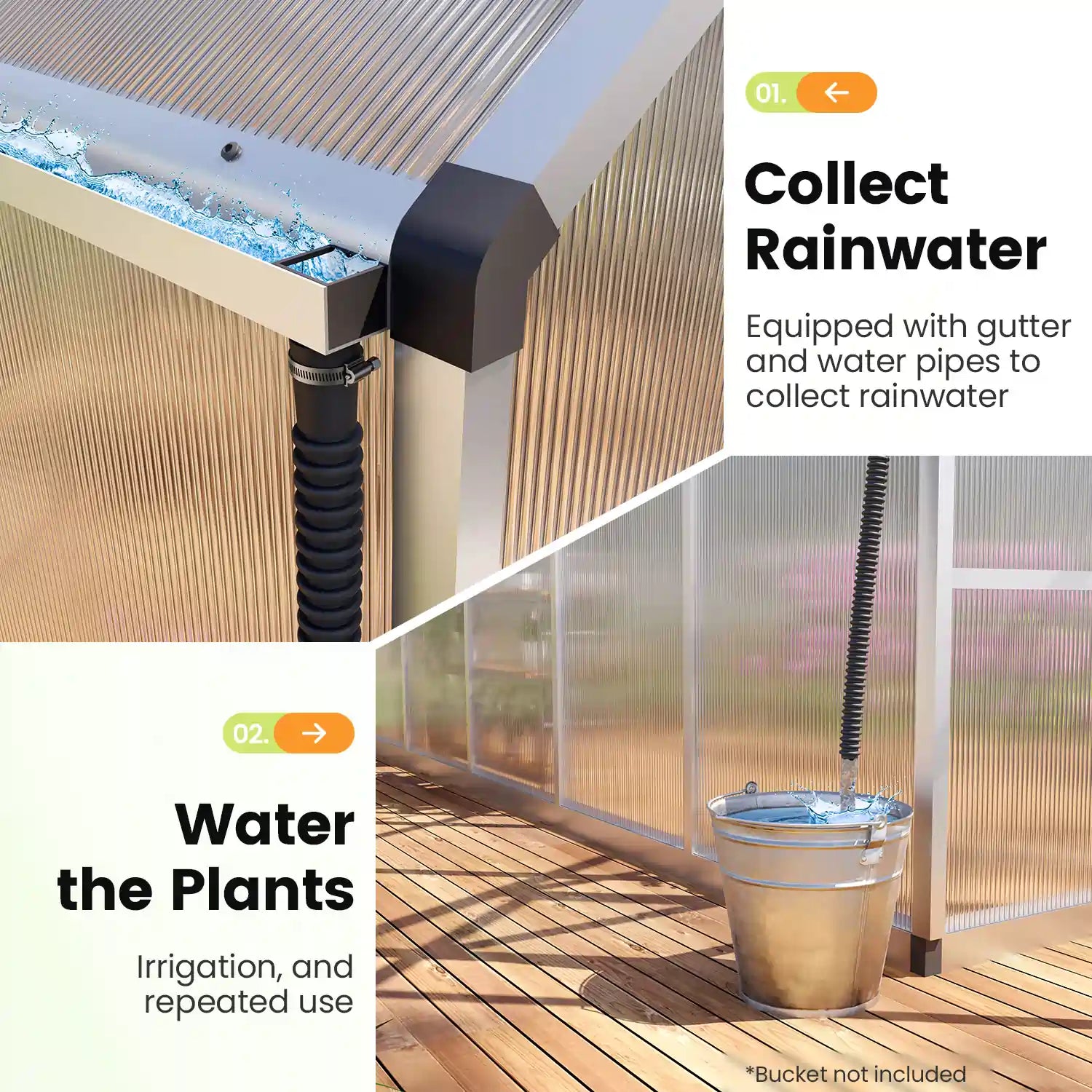 The included rain gutters aid in collecting natural rainwater