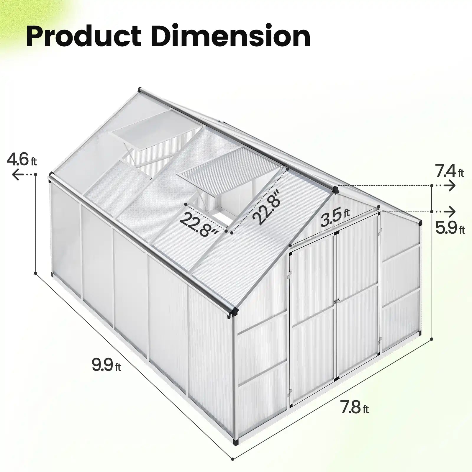 Walk-In Polycarbonate Greenhouse 8X10X7.4ft Silver Size